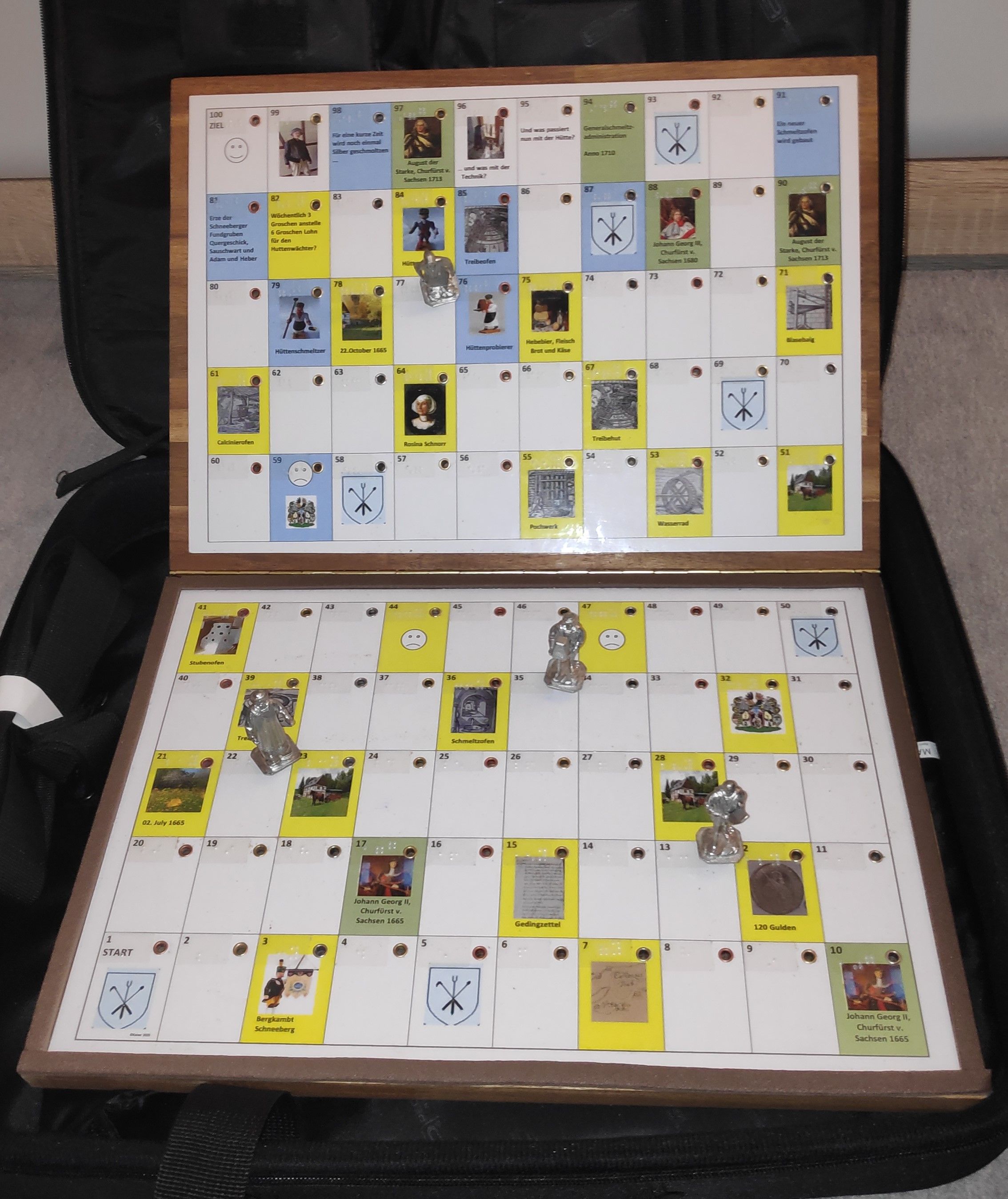 Ein aufgeklapptes Spielbrett mit farbigen Spielfeldern und 4 gestecken Zinnfiguren.